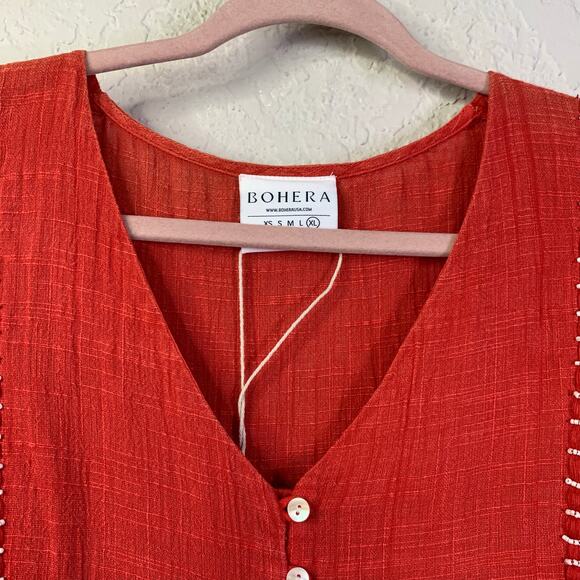 BOHERA Blouse XL Boho Shirred Ruffle Tiered Pinkilicious V-Neck Lace & Beads NWT - Picture 4 of 15